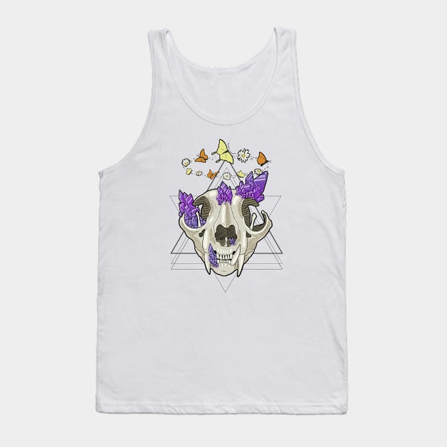 Cat Skull with Crystals, Butterflies, and Geometric Accents Tank Top by KMogenArt